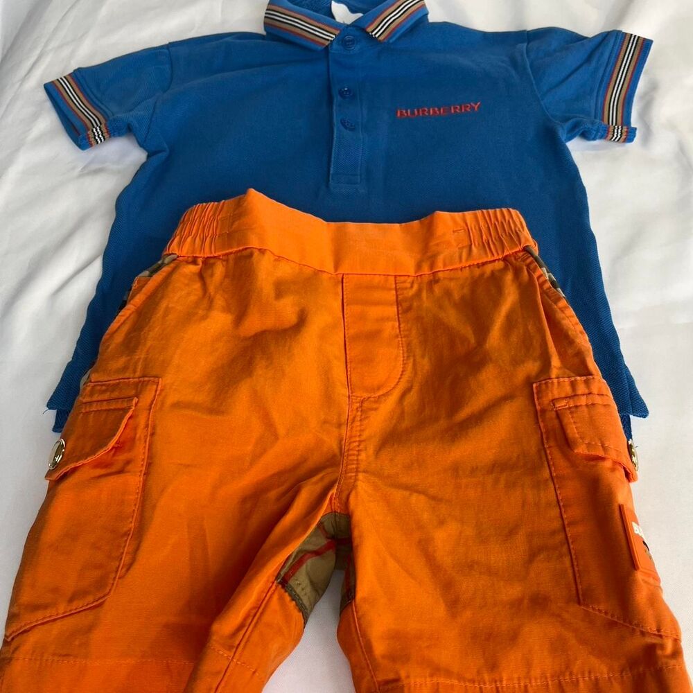 Burberry Outfit Bundle Shirt 2Y shorts 18 Month Blue, Orange and Classic Tan